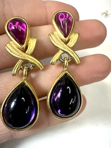 Vintage Earrings Pierced Purple Teardrop Cabochon Dangle Lucite - Picture 1 of 3