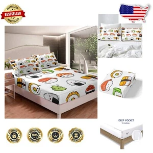 Sushi Pattern TwinXL Bedding Set - Cute Kawaii Cartoon Bed Sheet & Pillowcase - Picture 1 of 7