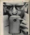 1967 Press Photo Man drinks Beer from Stein with Porthole in Wuppertal, Germany