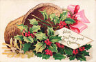 Postcard With Every Good Wish For Christmas Holly Basket Embossed DB