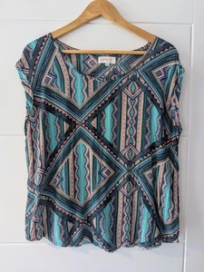 Apricot Aztec Print Pink & Aqua Blue Short Sleeve Blouse Size 14 - Picture 1 of 8