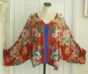 Johnny Was 100% Silk Red Artsy Floral Tasseled Batwing Sleeve Kimono Top XL Plus - Picture 1 of 13