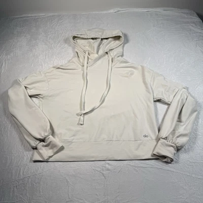 Alo Yoga High Neck Hoodie Women Medium Bone Ivory Accolade Cropped Boxy Pullover - Image 1 of 4