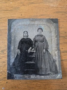 Antique 1860s Tintype Photo – Two Women in Civil War Era Dresses – Hand-Tinted F - Picture 1 of 2