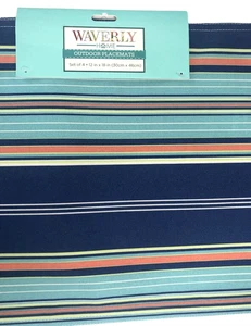 Waverly Placemats Set of 4 Blue Striped Cloth Fabric Indoor Outdoor Beach Summer - Picture 1 of 11