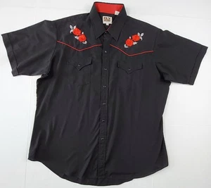 VTG Ely Cattleman Western Shirt Mens XL Black Embroidered Red Roses Pearl Snaps - Picture 1 of 10