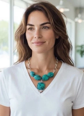 Handmade Sterling Silver Turquoise Statement Necklace Large Oval Gemstones 96g - Image 1 of 4