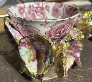 Übertopf Englische Rose Teetassen Decoupaged In Rosa Blumen Muscheln  - Bild 1 von 12