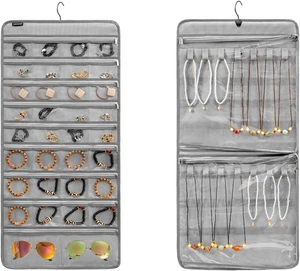 Dual-Sided Jewelry Organizer with 34 Pockets & 14 Hooks - Grey - Picture 1 of 12