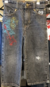 Phat Farm Boys Y2K Embroidered Guitars And Musical Notes Jeans Baggy Legs Sz 4 - Picture 1 of 14