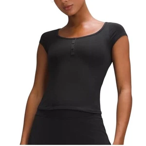 LULULEMON Cap-Sleeve Henley T-Shirt Women XL Black Feminity City Chick Athletic - Picture 1 of 11