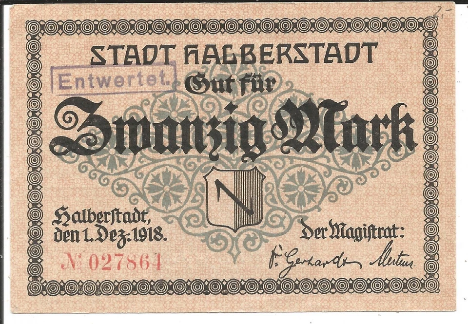 Stadt Halberstadt,20 Mark 1918,Kassenfrisch - Bild 1 von 1