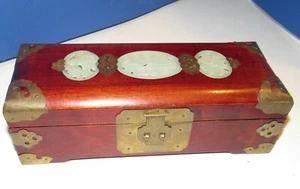 Vintage Beautiful Chinese Locking Wood Jewelry Box Jade Inlay Brass Mounts  - Picture 1 of 10