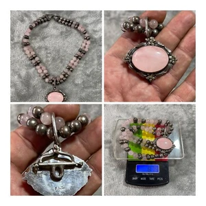 Vintage Sterling Silver Pendant Necklace Rose Quartz Stone !  Signed !! No Scrap - Picture 1 of 13