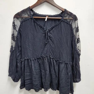 Free People Womens Floral Lace Overlay Blouse Size M Black Whimsigoth Feminine - Picture 1 of 14