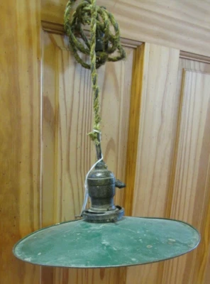 Vintage White Green Enamel 10" diam. Light Fixture Chicken Warmer collectable - Image 1 of 4