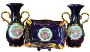 Limoges France Cobalt Blue Bud Vases Gilded Trim and Trinket Dish- Set of 3 - Picture 1 of 4