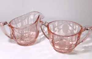 Vintage Rosa Depression Glas Zuckerdose & Milchkännchen Set Geätzt Gänseblümchen Blume  - Bild 1 von 6