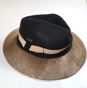 Kangol Trilby Hat Swirl Side Sweep Size Medium Beige Black Paper Straw Wool USA