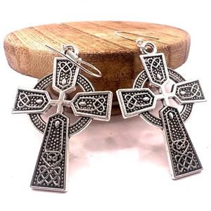 Handmade in Scotland Celtic Cross Dangle Drop earrings sterling silver hooks - Picture 1 of 8