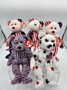 Lot Of 5 TY Beanie Babies Patriotic Themed USA, Glory, Spangle Pink Head Bear - Picture 1 of 6