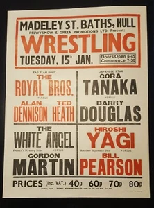 VINTAGE BRITISH WRESTLING POSTER HULL 1974 HIROSHI YAGI DENNISON DOUGLAS MARTIN - Picture 1 of 2