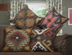 Indian Handwoven 4 Set Cover Bohemian Home Decor Jute Kilim Rugs Cushion Cover - Picture 1 of 8