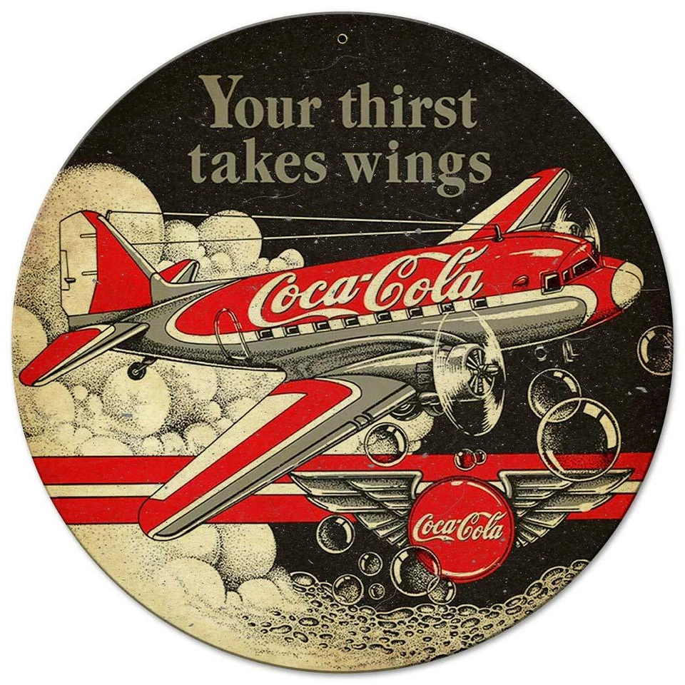 COCA COLA RED DC3 AIRPLANE 14" ROUND HEAVY DUTY USA MADE METAL ADVERTISING SIGN - Image 1 of 1