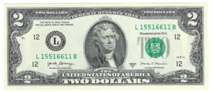 Billete de dos dólares Four 1s Trinary Fancy número de serie L15516611B sin circular - Imagen 1 de 2
