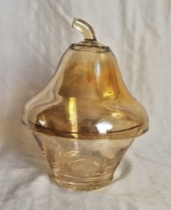 Vintage Carnival Glass Iridescent Marigold Pear Candy Jar Dish with Lid - Picture 1 of 9