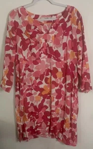 Boden Linen Leaf Print Coral Pink Red Orange Tunic Dress 3/4 Sleeves Size US 14R - Picture 1 of 3