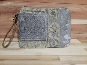 Myra Bag Women's Cowgirl Fur Leather Canvas On The Go Pouch Wristlet Bag Gray  - Picture 1 of 11