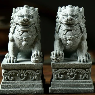 Chinese Foo Dogs Statues Pair Guardian Lion Statues Fu Foo Dogs Stone Bookend - Image 1 of 4