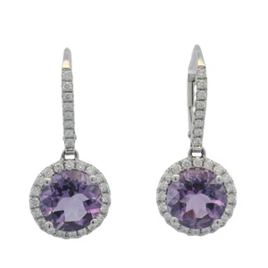 SNJ Jewelry 14kt White Gold Amethyst Drop Earrings Diamond Halos Accents - Picture 1 of 5