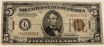 1934 A $5 Dollar Federal Reserve Note - Hawaii Overprint w/Brown Seal - Image 1 of 4