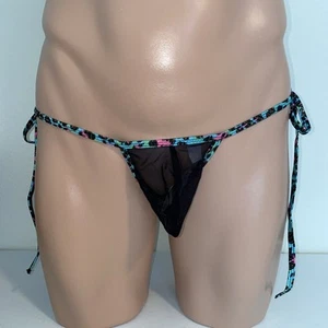 Tropical Thongs Mesh Pouch Leopard Print Metallic Hologram Tie Side G-string O/S - Picture 1 of 5