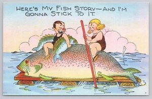 Comic Postcard Walter Wellman (Unsigned): Exaggerated Fish Story Man Woman Raft - Picture 1 of 2