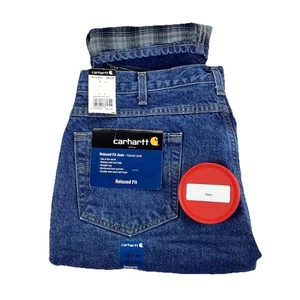 Carhartt flannel lined men’s jeans 38×30 relaxed fit blue denim work outdoor NEW - Picture 1 of 14