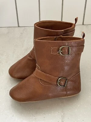 Leather Faux Baby Girl Booties Brown Boots 18-24 M Pull On Zip Up Soft Sole - Image 1 of 4