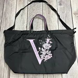 Victoria Secret Large Tote Bag Puffy Black Nylon Lilac Logo Floral Zip NWOT - Picture 1 of 11