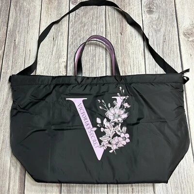 Victoria Secret Large Tote Bag Puffy Black Nylon Lilac Logo Floral Zip NWOT - Image 1 of 4