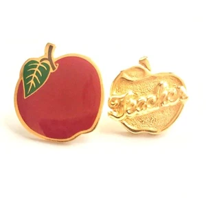 Vintage Teacher Red Apple Lapel Pin Tie Tac Set Gold Tone Enamel Graduation Gift - Picture 1 of 7