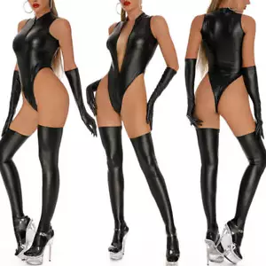 Ärmelloser Damen-Overall aus Kunstleder Wet Look Overall hochgeschnittener Tanga Trikot - Bild 1 von 9