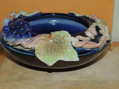 Rama de uva de vid 7"x3" cuenco policromado esmalte por goteo mayólica estilo chino?  Foto 1 de 4