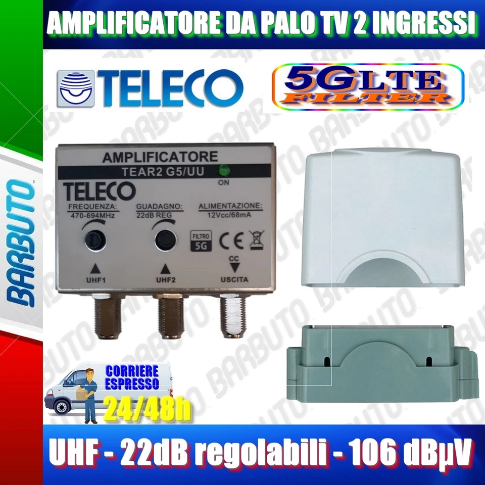 AMPLIFICATORE DA PALO TELECO UHF + UHF 22 dB REGOL. CON FILTRO 5G TEAR2 G5/UU - Immagine 1 di 1