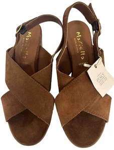 NWT Mariella Caramel Suede Cross Band Stacked Heel Sandals Made In Italy W 7 1/2 - Picture 1 of 10