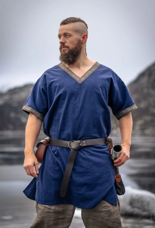 Mittelalter Wikinger LARP Kurzarmtunika Loki Tunika kurzarm Bordüre V-Ausschnitt - Bild 1 von 1