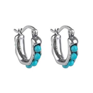 Natural Small Blue Turquoise Hoop Stud Earrings 14k White Gold Plated in Silver