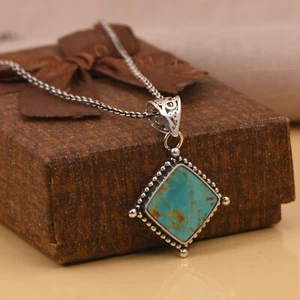 Square Navajo Kingman Turquoise Sterling Silver Oxidized Pendant Necklace - Picture 1 of 10