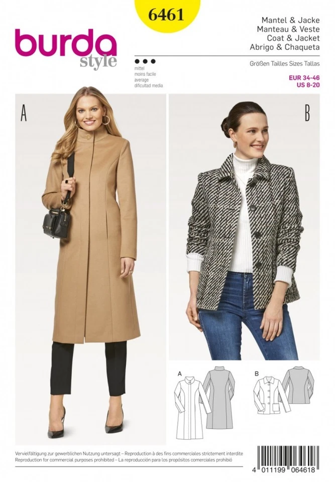 Burda Ladies Sewing Pattern 6461 Coat & Jacket (Burda-6461) - Image 1 of 3